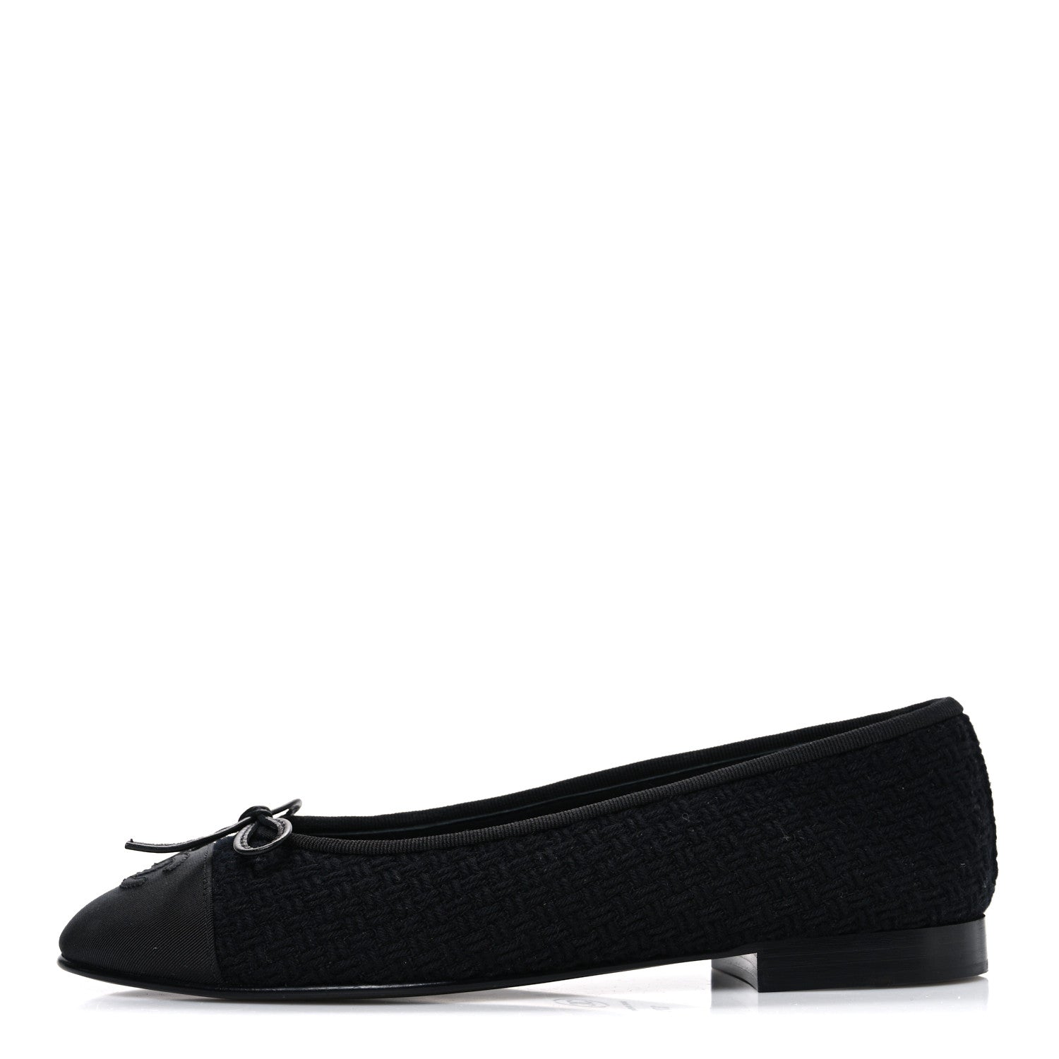 Chanel Wool Tweed Grosgrain Cap Toe CC Ballerina Flats 37.5 Black 1 of 11