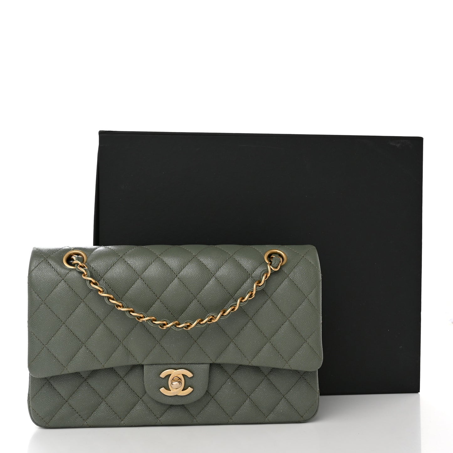 Iridescent Caviar Quilted Medium Double Flap Light Green