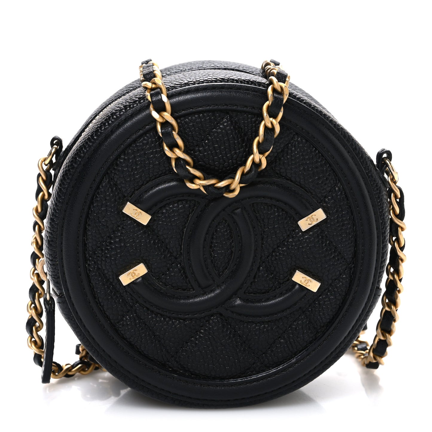 Caviar Quilted Round Filigree Crossbody Black