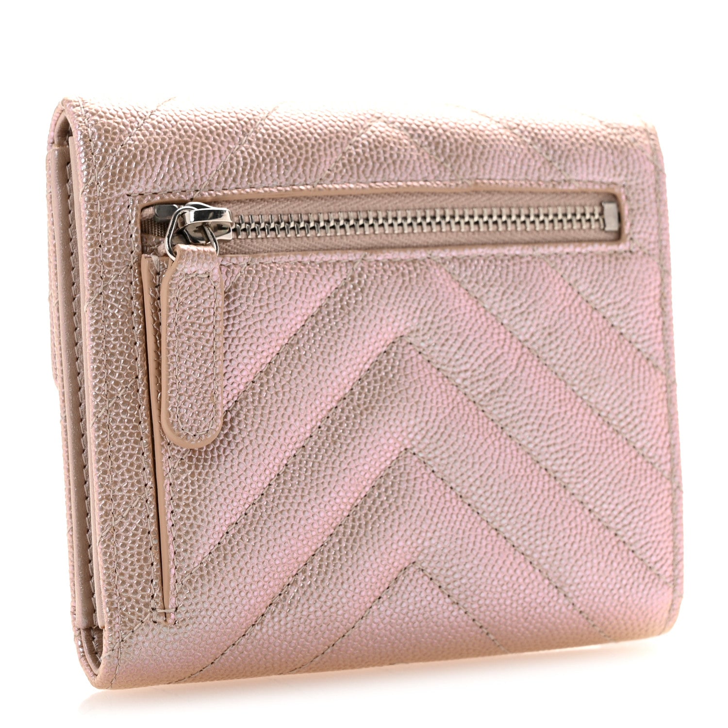 Chanel Metallic Caviar Chevron Quilted Compact Flap Wallet Light Gold 3 of 11