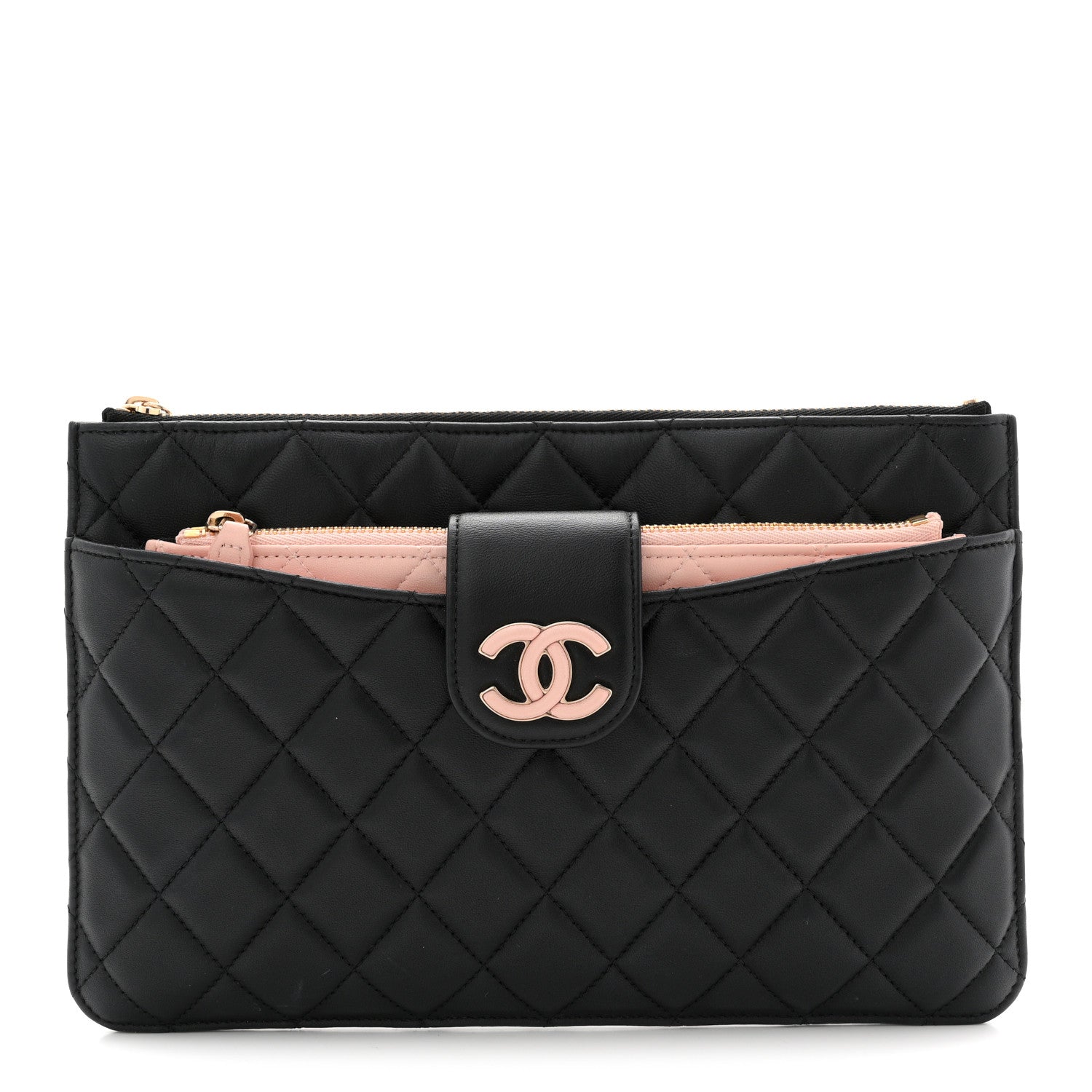 Chanel Lambskin Quilted Sunset Boulevard Pouch Case Black Pink Chanel Lambskin Quilted Sunset Boulevard Pouch Case Black Pink