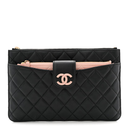 Chanel Lambskin Quilted Sunset Boulevard Pouch Case Black Pink 1 of 9