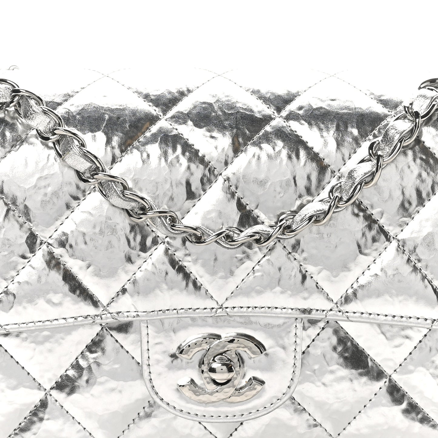 Hammered Metallic Calfskin Quilted Small Double Flap Silver