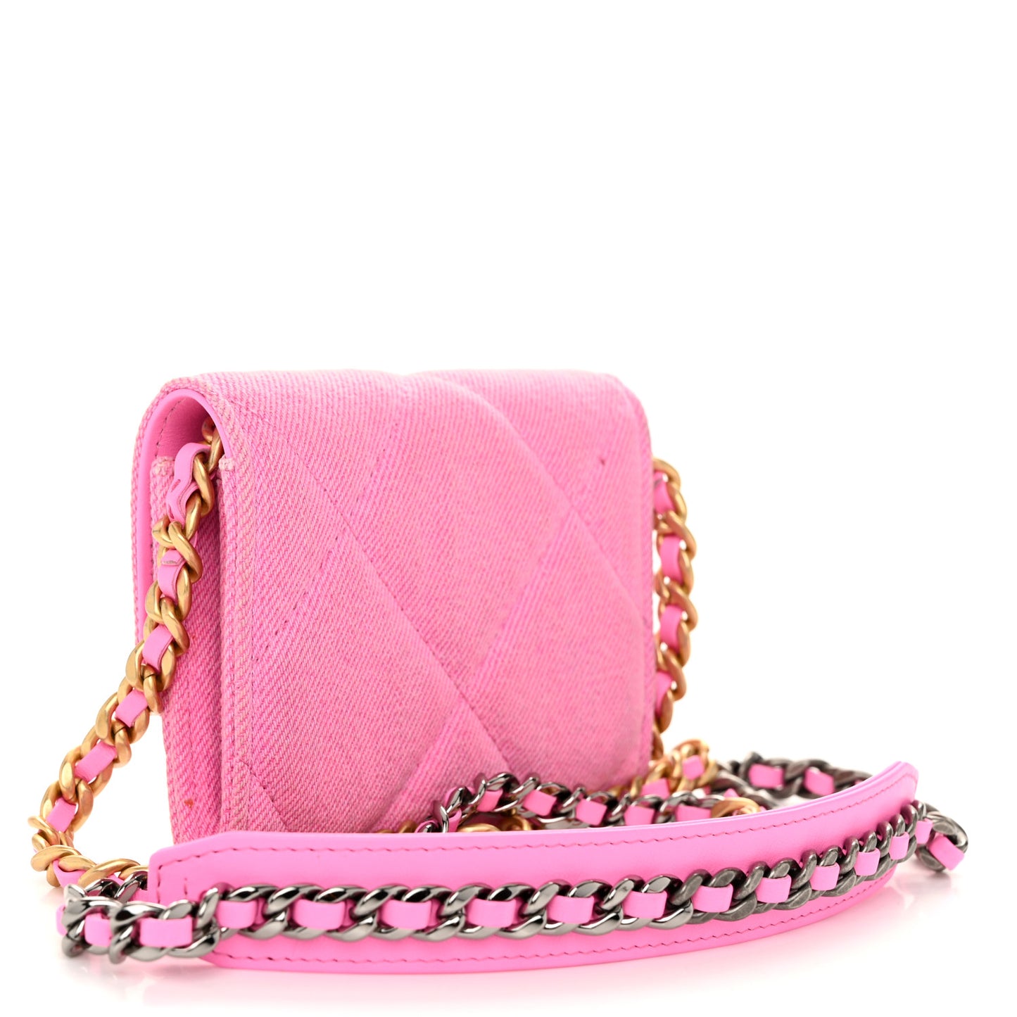 Denim Quilted Chanel 19 Flap Coin Purse With Chain Pink