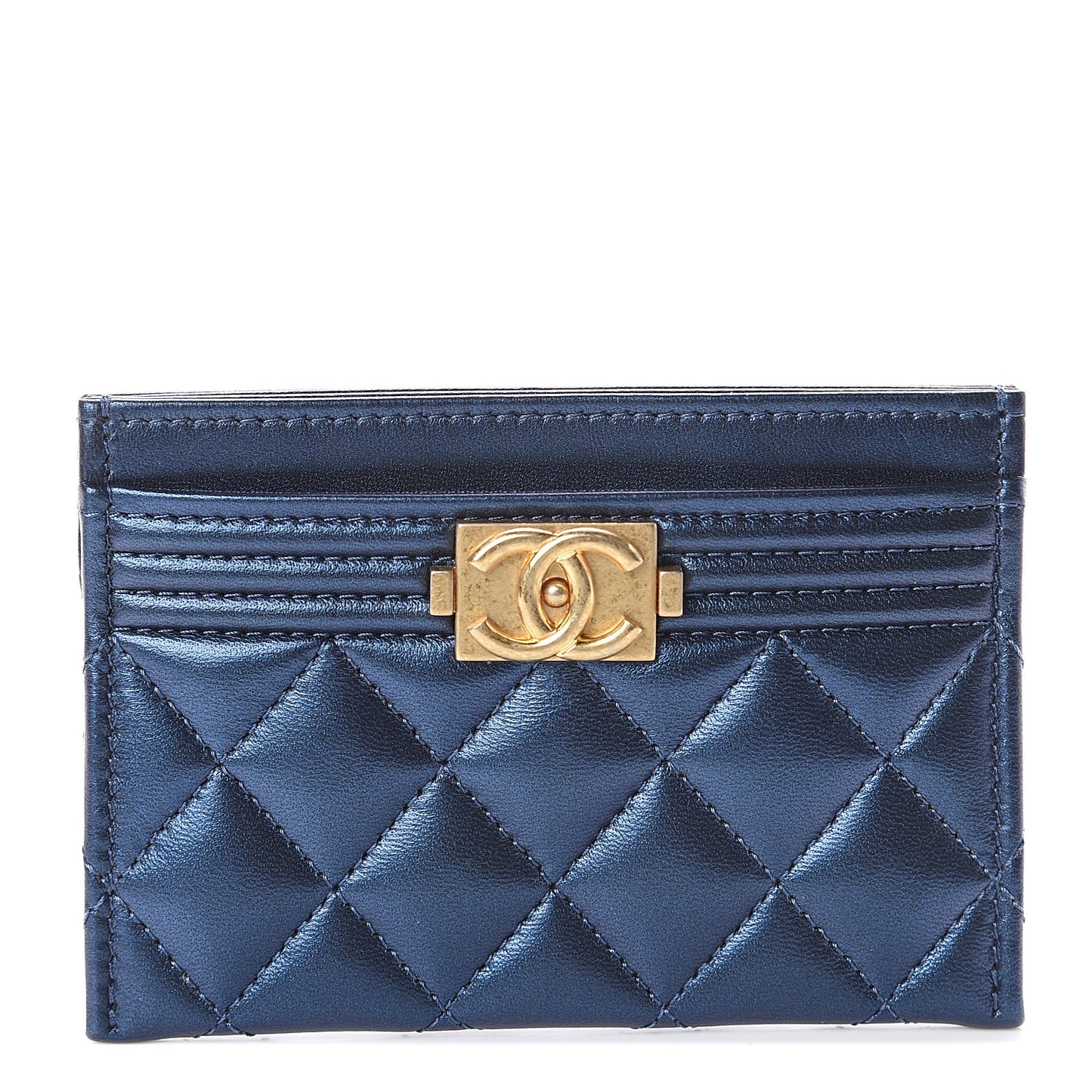 Metallic Lambskin Quilted Card Holder Navy