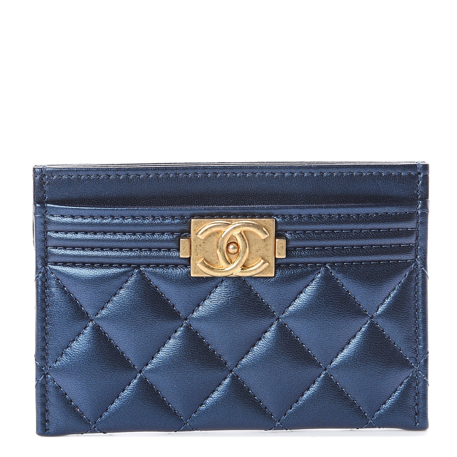 Chanel Metallic Lambskin Quilted Card Holder Navy 1 of 7