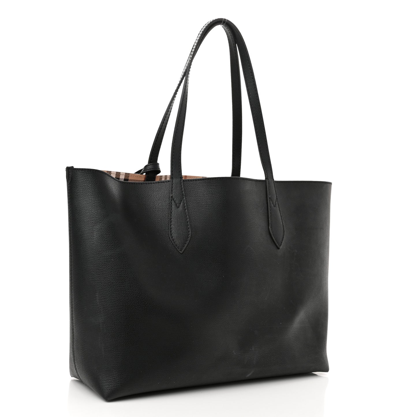 Grainy Calfskin Haymarket Check Medium Reversible Tote Black