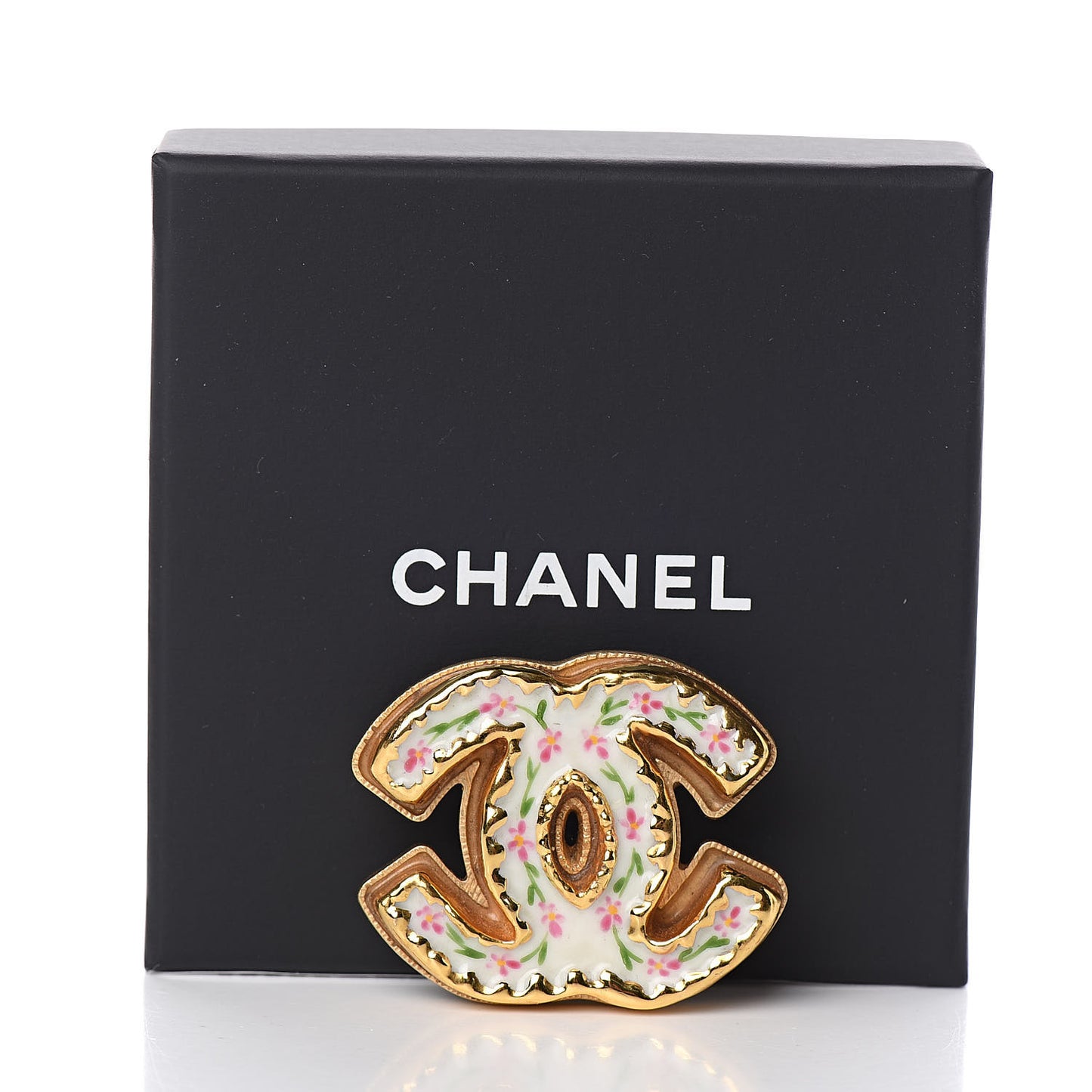 Enamel CC Floral Brooch Gold White