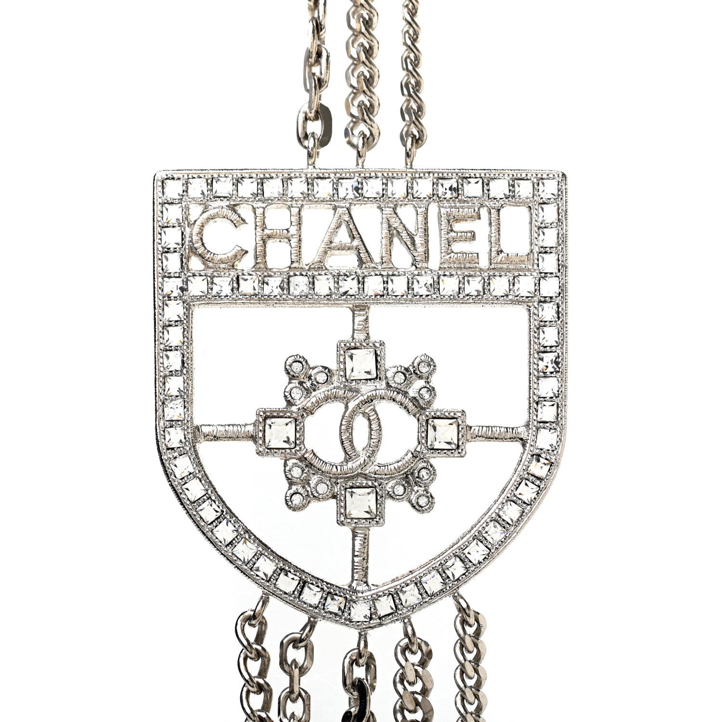 Baguette Crystal CC Shield Multi Strand Long Chain Necklace Silver