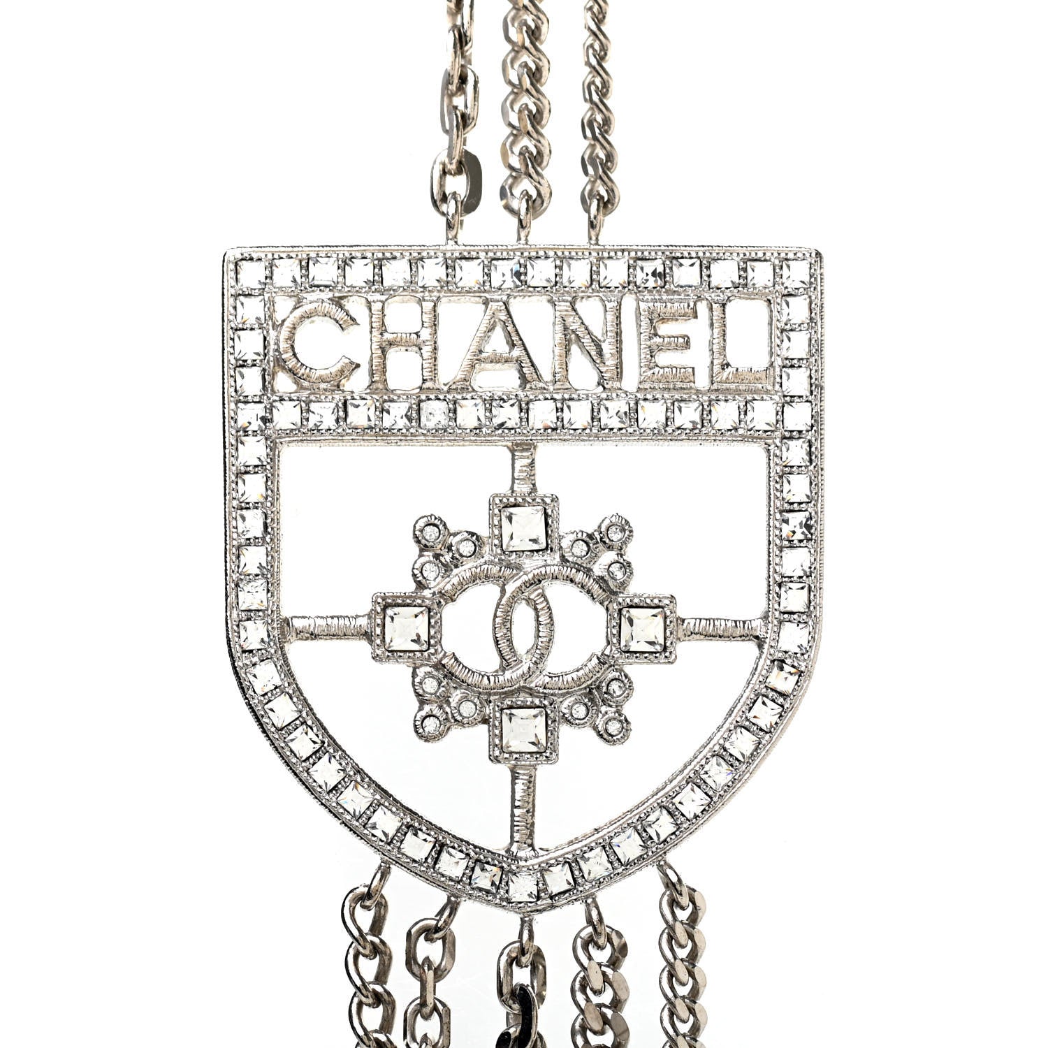 Chanel Baguette Crystal CC Shield Multi Strand Long Chain Necklace Silver 4 of 7