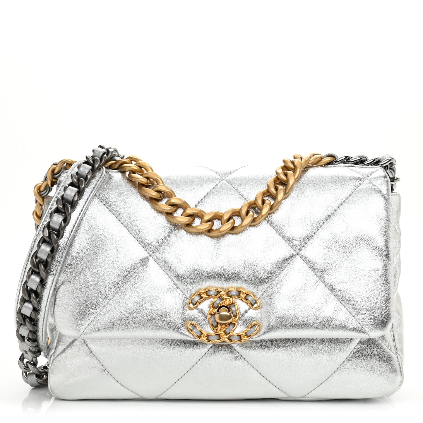 Metallic Lambskin Quilted Medium Chanel 19 Flap Silver