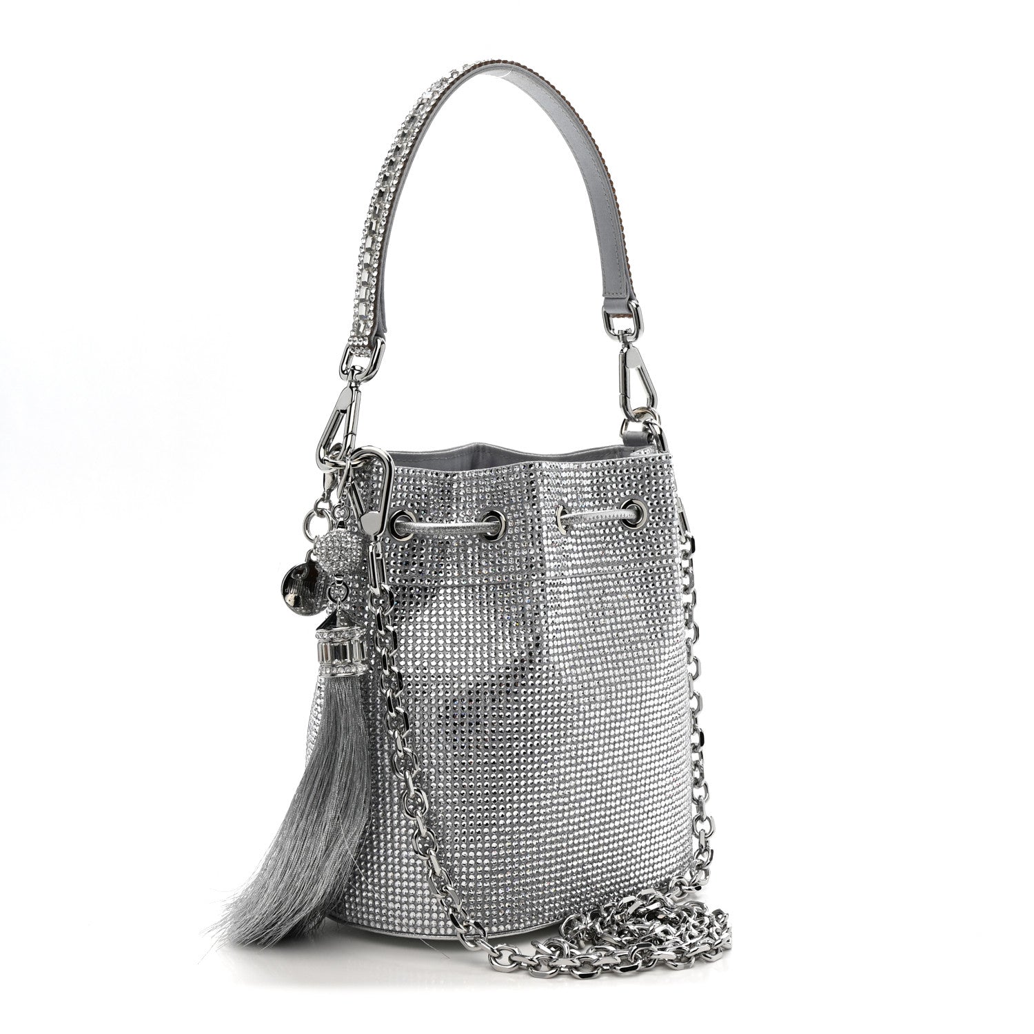 Judith Leiber Satin Crystal Embellished Medium Piper Bucket Silver