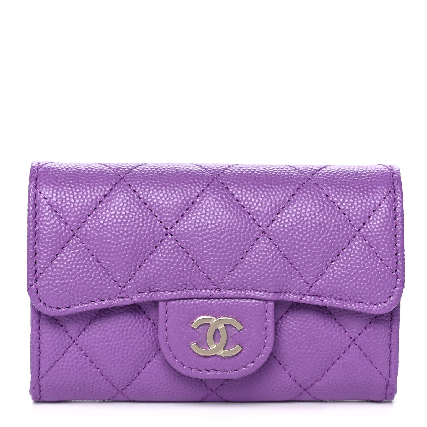 Caviar Quilted Flap Card Holder Wallet Purple