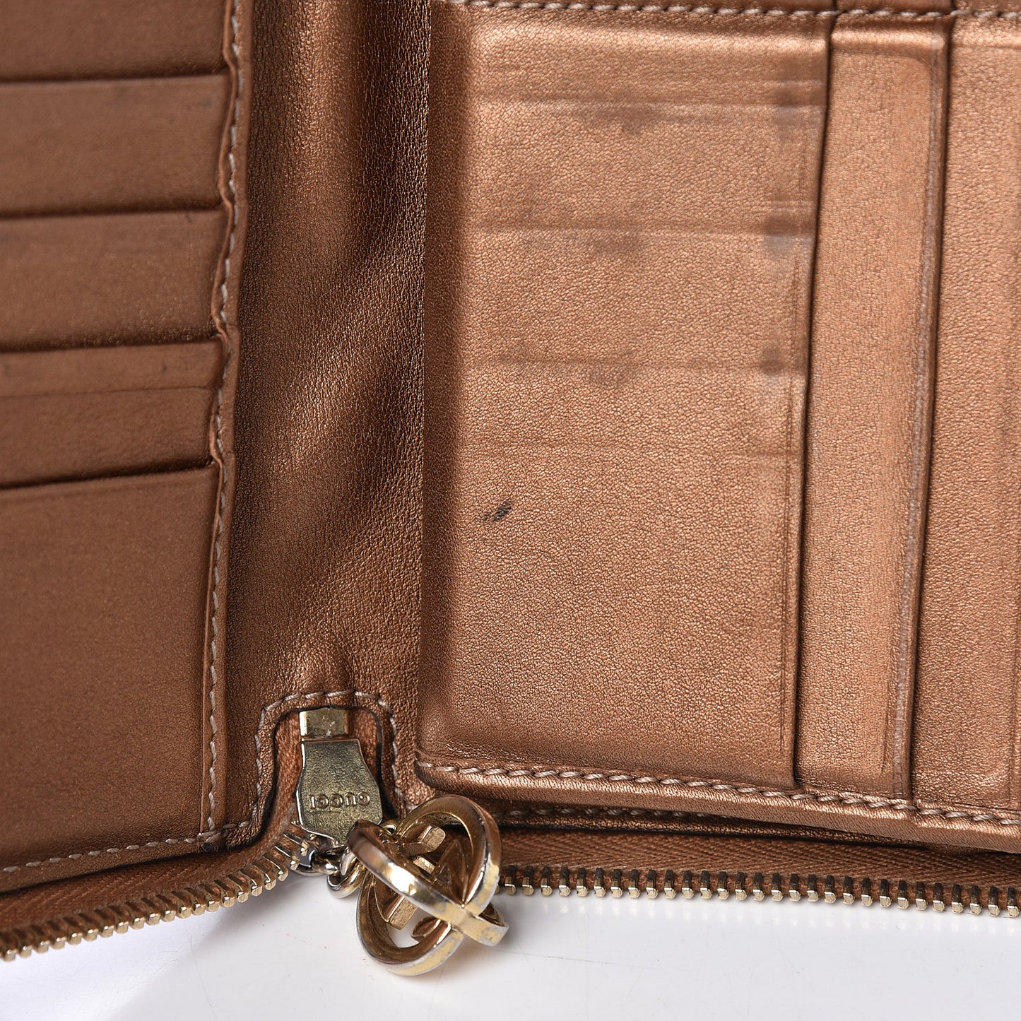 Metallic Guccissima Twins Zip Around Organizer Wallet Bronze