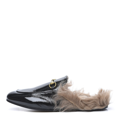 Gucci Patent Fur Womens Princetown Slippers 39 Black Natural 1 of 8