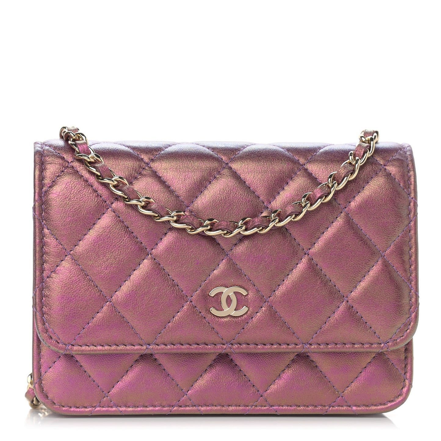 Iridescent Lambskin Quilted Mini Wallet On Chain WOC Purple