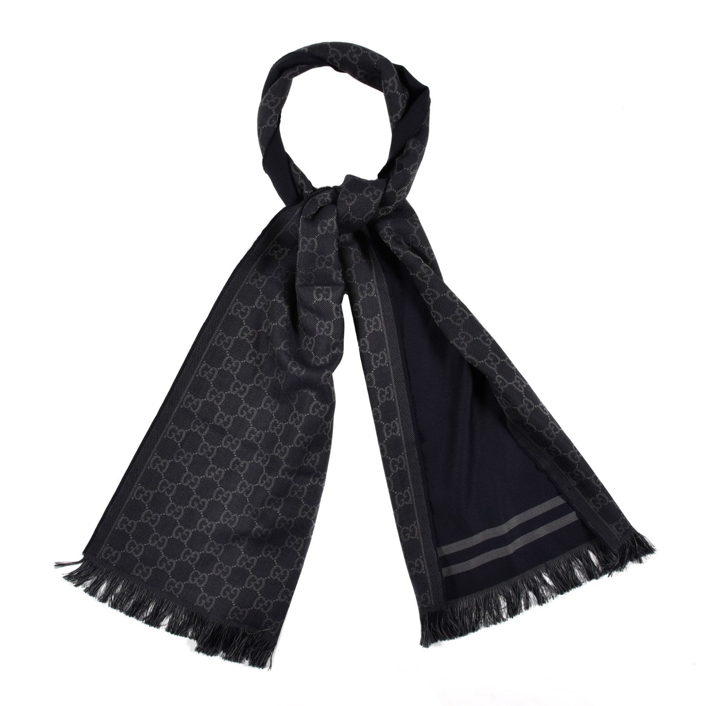 Wool Silk Monogram Fringe Scarf Navy Blue