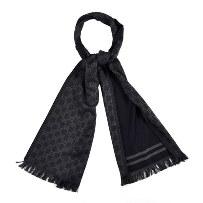 Gucci Wool Silk Monogram Fringe Scarf Navy Blue 1 of 5