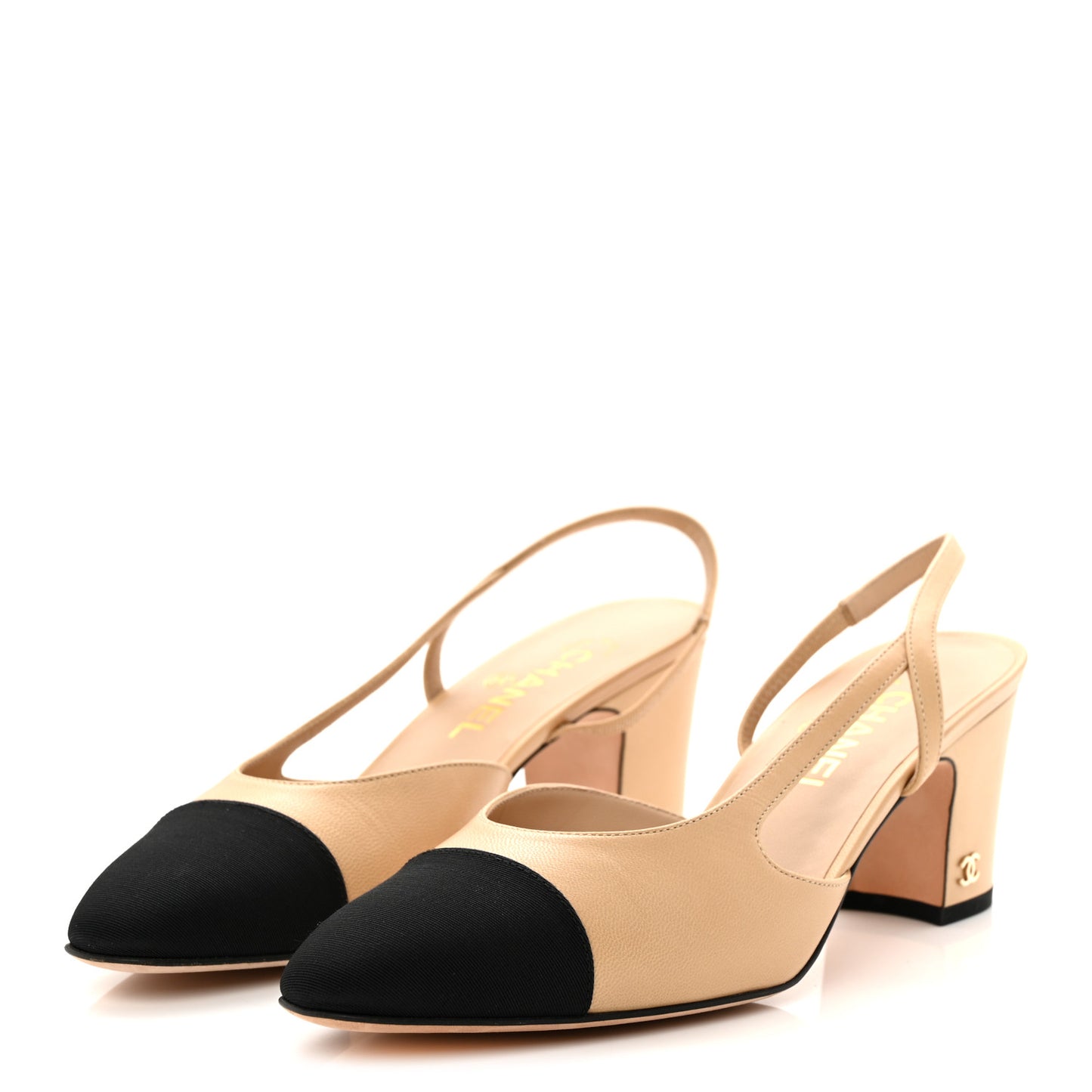 Goatskin Grosgrain Cap Toe CC Slingback Pumps 39.5 Beige Black