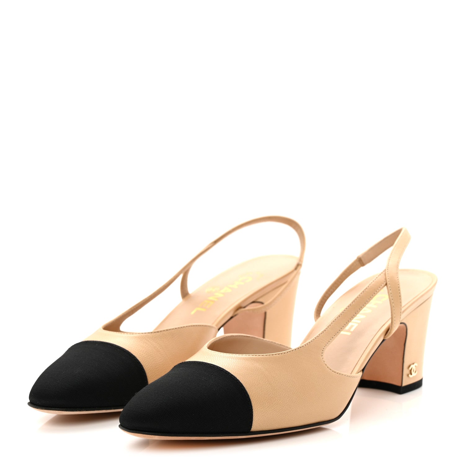 Chanel Goatskin Grosgrain Cap Toe CC Slingback Pumps 39.5 Beige Black 2 of 11
