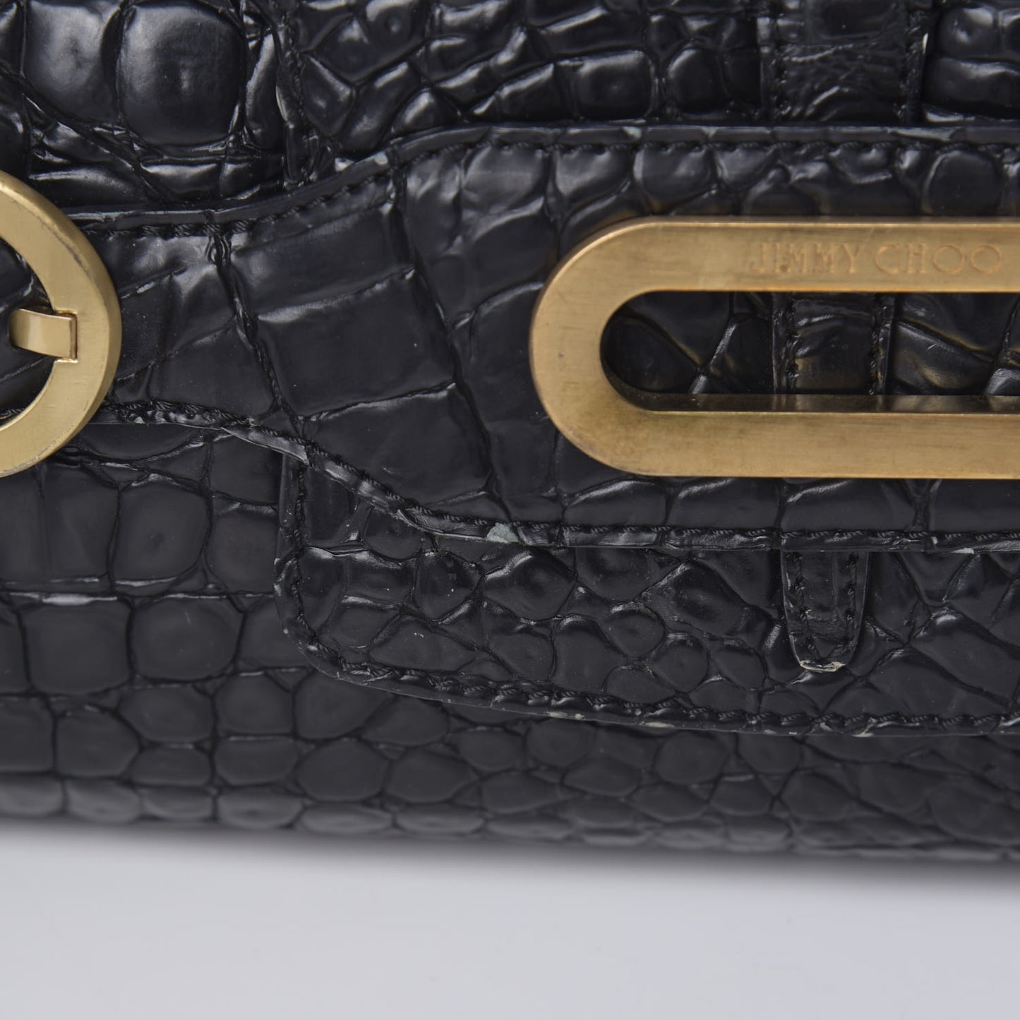 Crocodile Embossed Calfskin Messenger Black