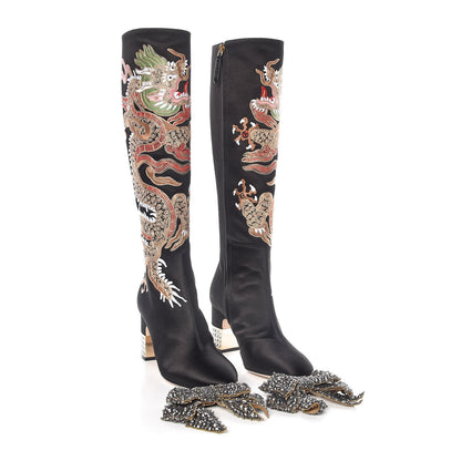 Gucci Silk Satin Malaga Kid Embroidered Candy Dragon Block-Heel Knee Boot 36 Black 8 of 9