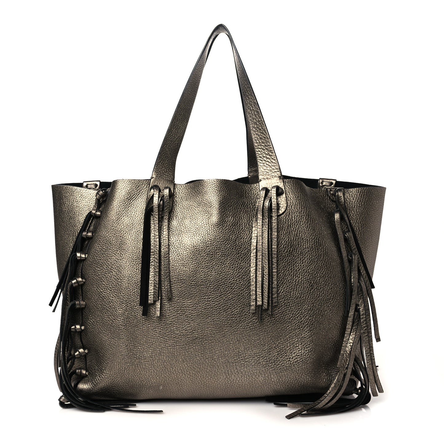 Metallic Grained Calfskin C-Rockee Fringe Tote Sasso