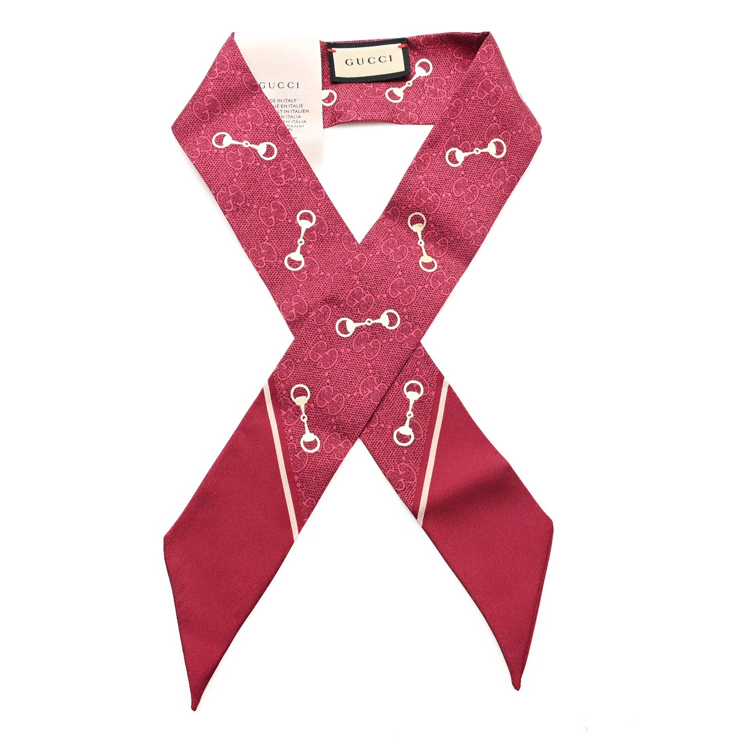 Gucci Silk Twill GG Monogram Gold Horsebity Neck Bow Scarf Red 1 of 3