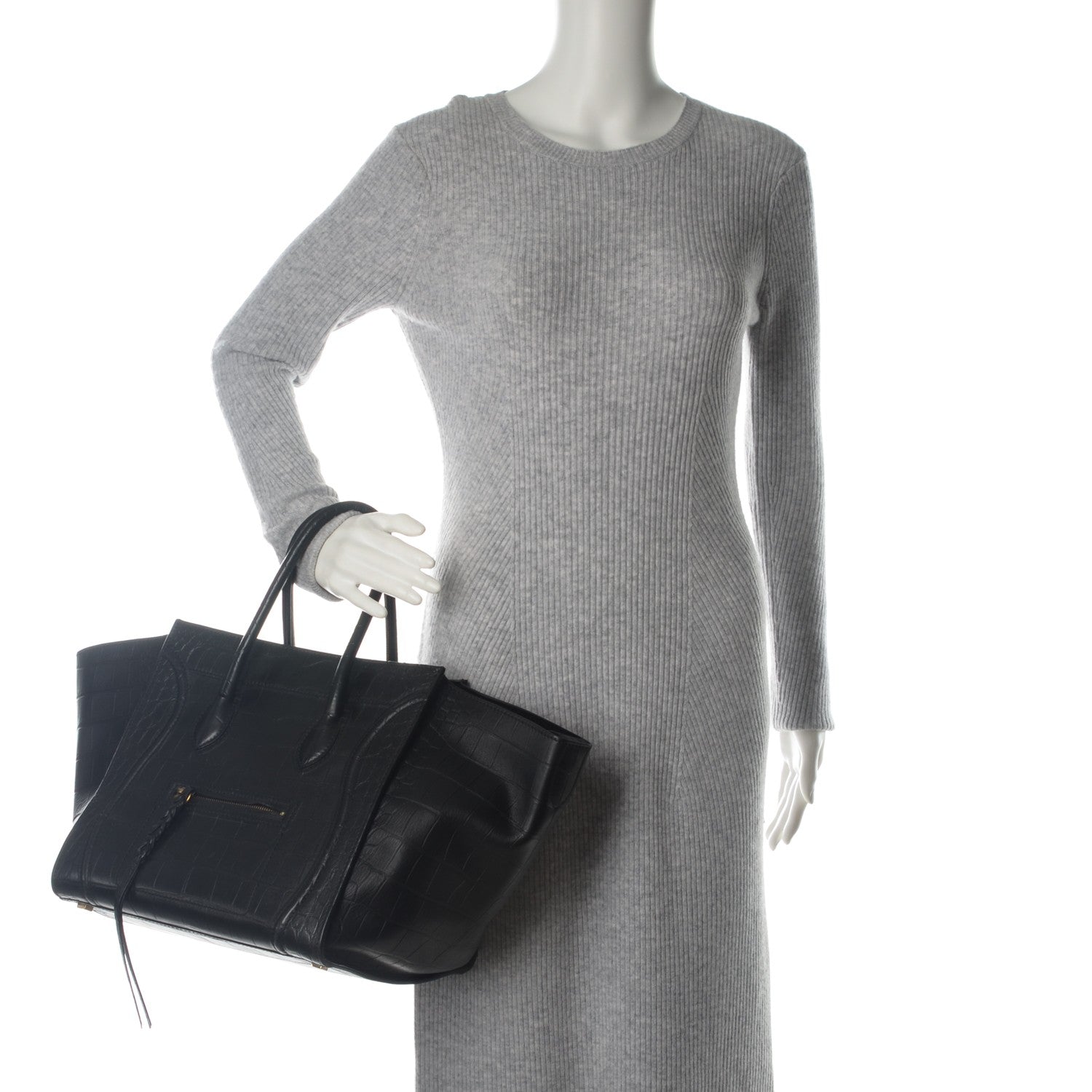 Celine Crocodile Embossed Calfskin Medium Phantom Luggage Black 2 of 7