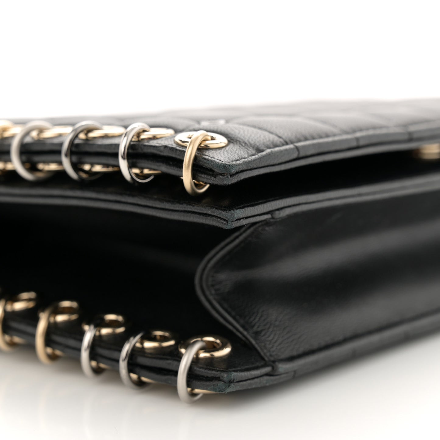 Lambskin Chocolate Bar Piercing CC Studded Small Chain Flap Bag Black