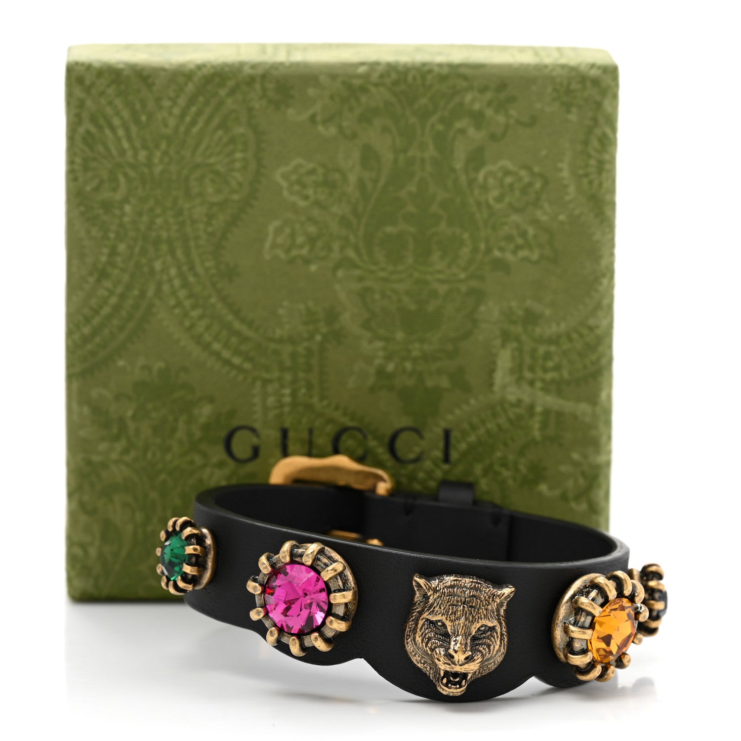 Gucci Calfskin Crystal Feline Heads Bracelet Black 7 of 7