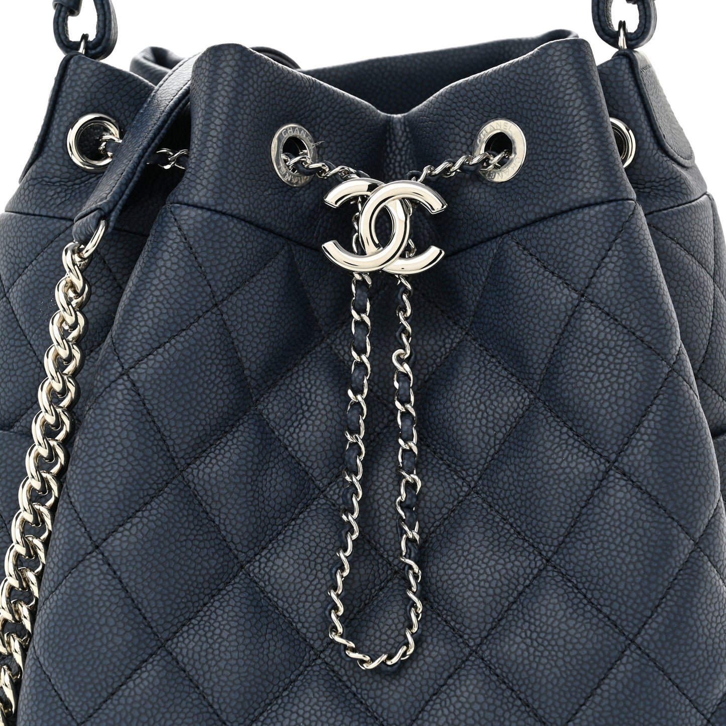 Caviar Flat Quilted CC Chain Bucket Drawstring Bag Navy