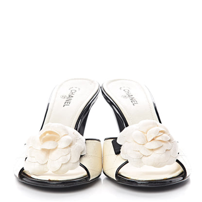 Chanel Calfskin Quilted Camellia CC Sandals 38 White Black 2 of 12