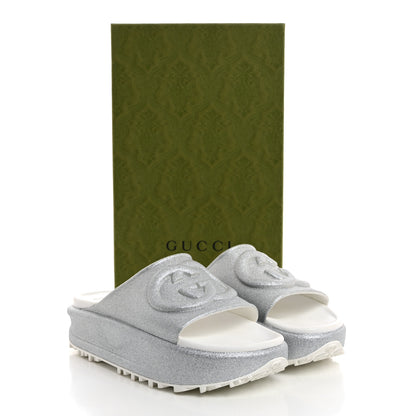 Gucci Glitter Rubber Womens Interlocking G Platform 42mm Slide Sandals 39 Silver 9 of 9