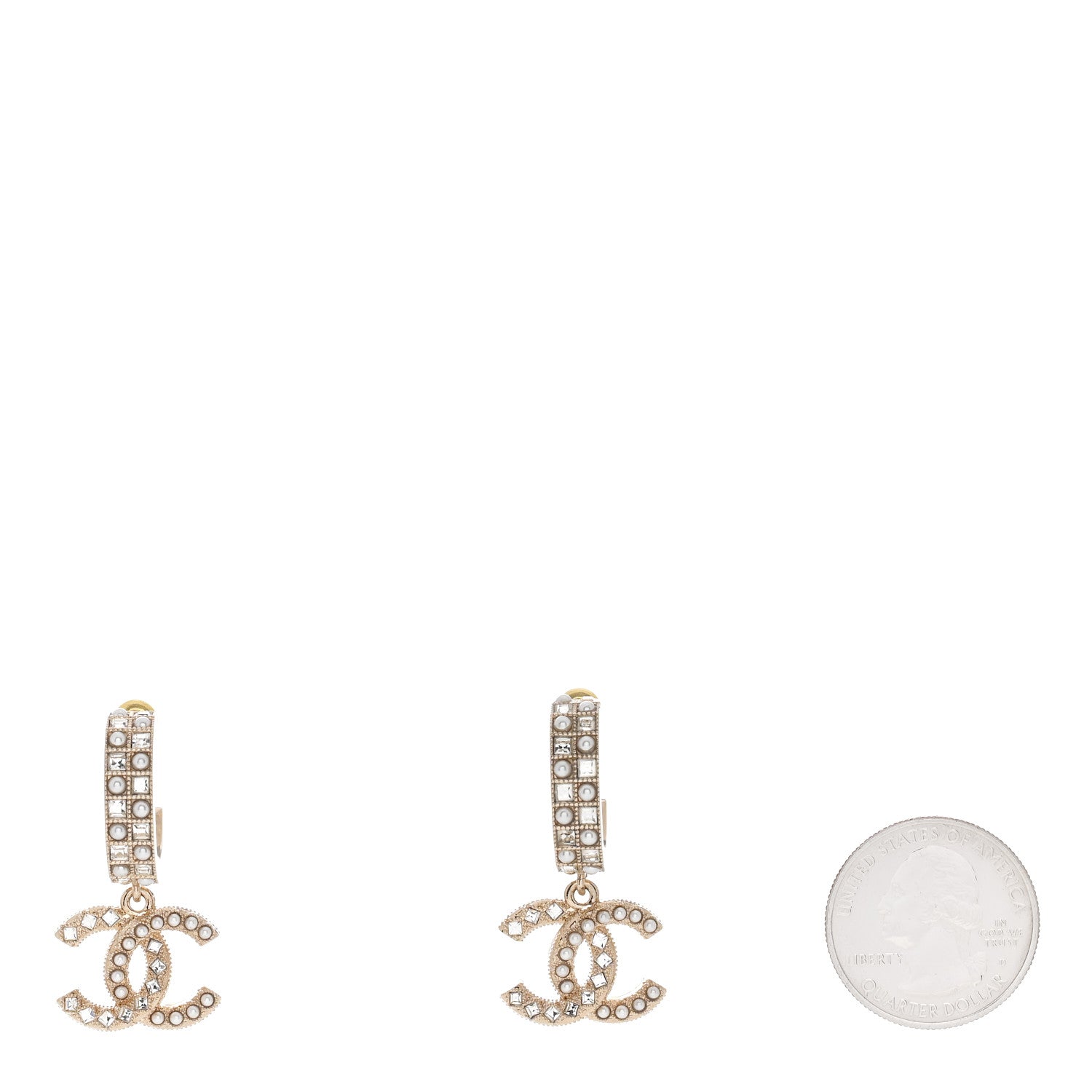 Chanel Crystal Pearl CC Hoop Drop Earrings Gold 2 of 5