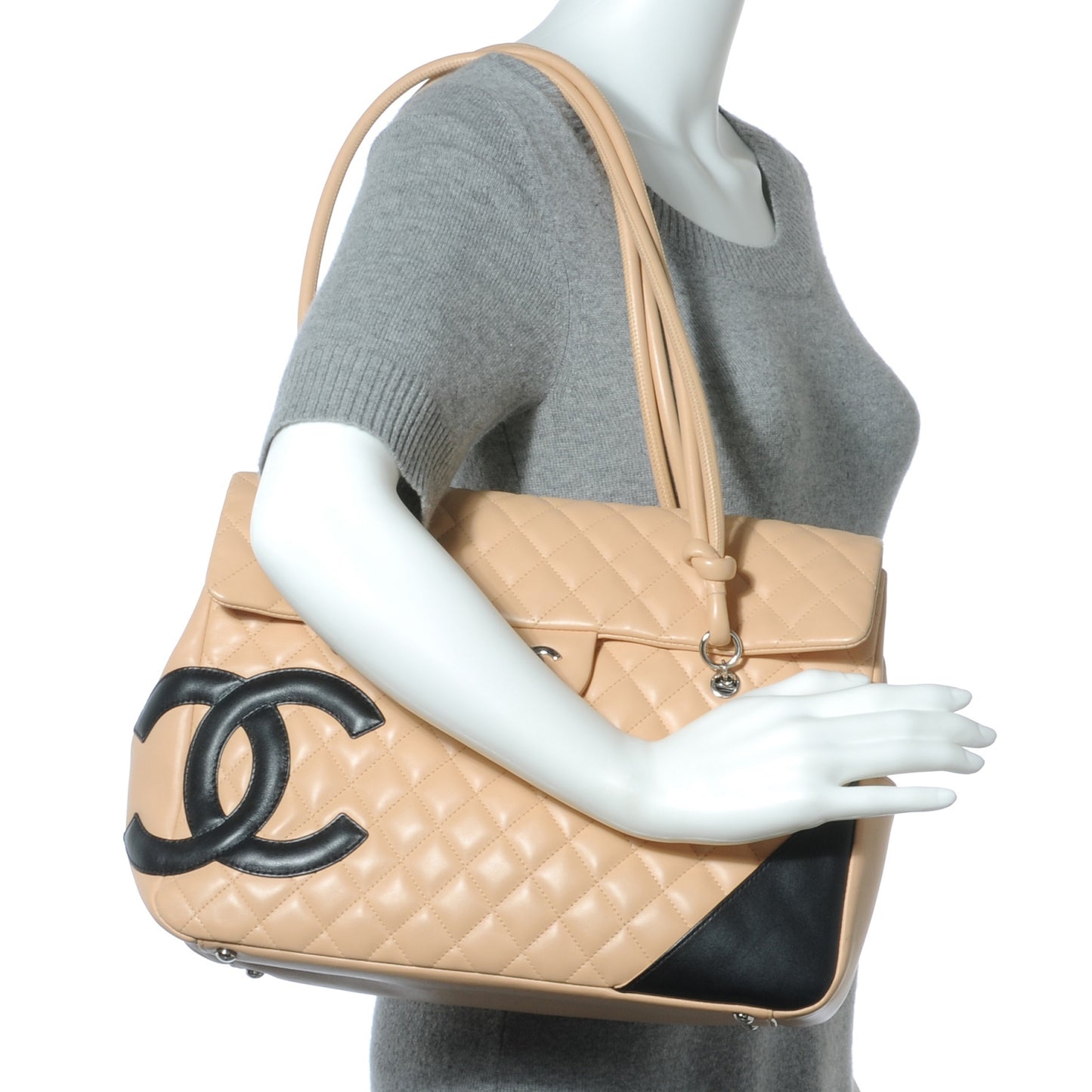 Calfskin Quilted Large Cambon Flap Beige Black