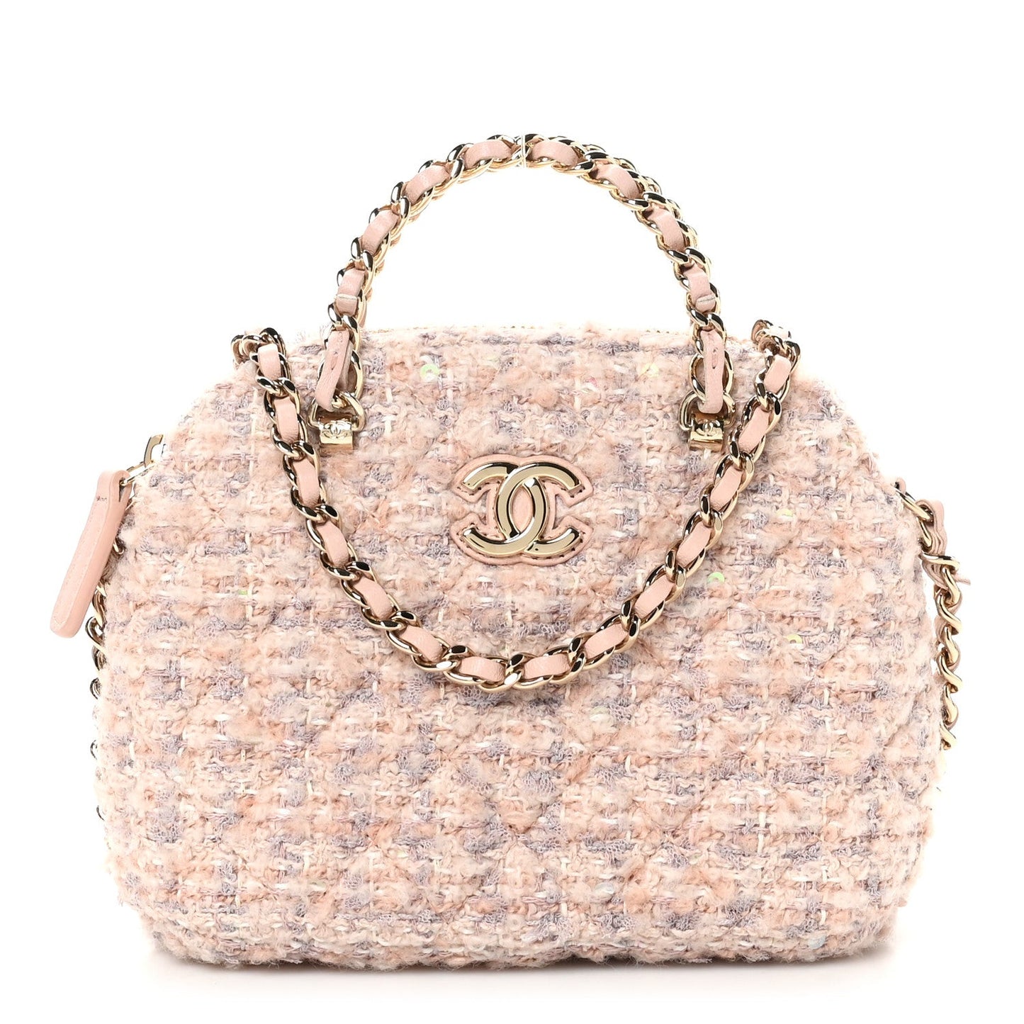 Cotton Wool Tweed Sequin Quilted Shiny Coco Clutch With Chain Light Pink Beige Ecru