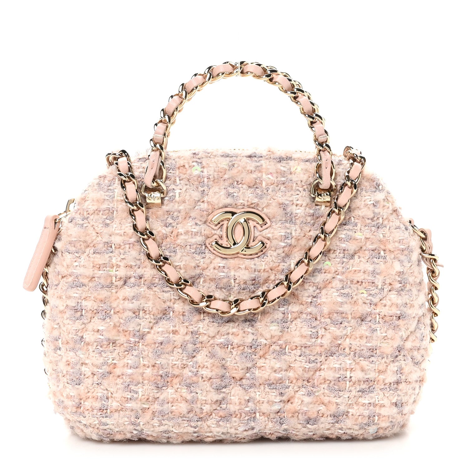Chanel Cotton Wool Tweed Sequin Quilted Shiny Coco Clutch With Chain Light Pink Beige Ecru 1 of 11
