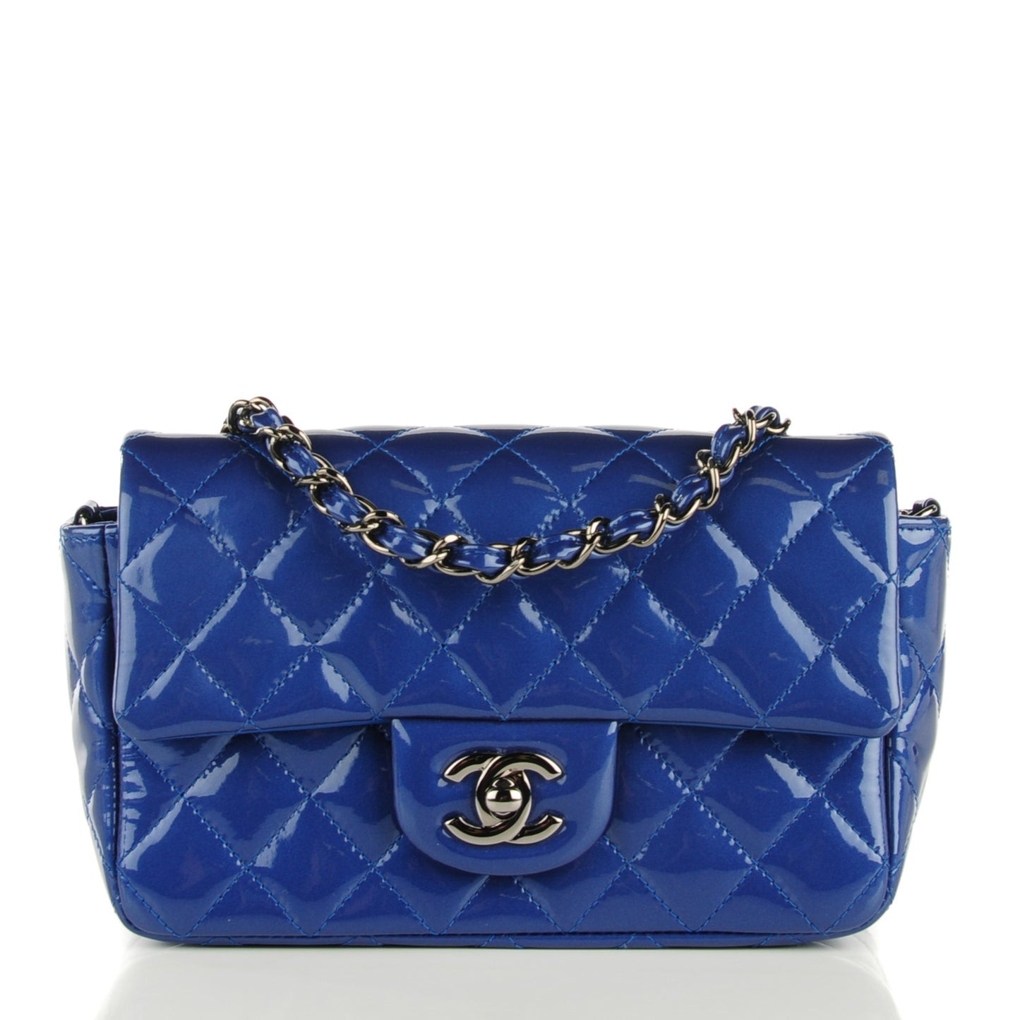 Patent Calfskin Quilted Mini Rectangular Flap Dark Blue