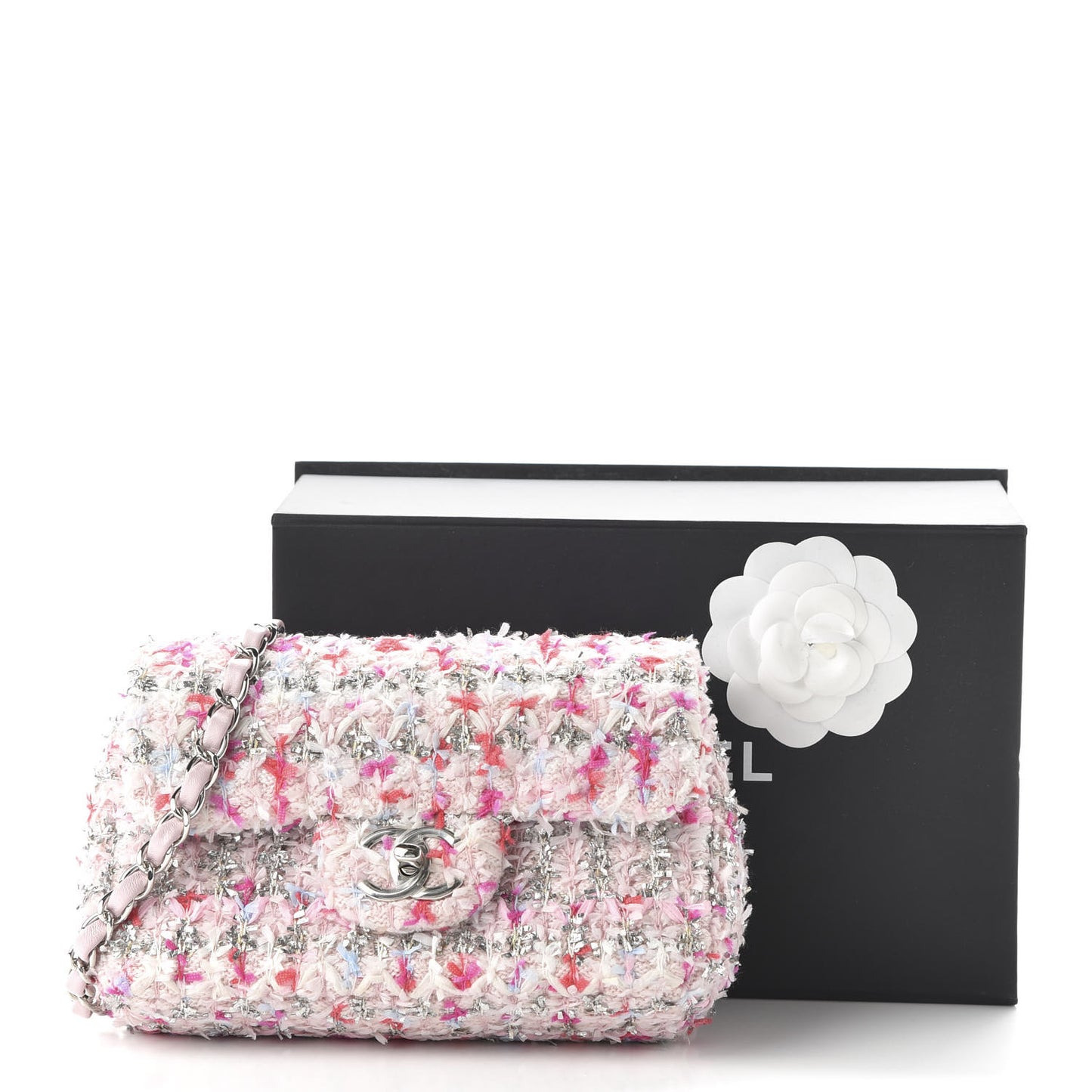 Tweed Quilted Mini Rectangular Flap Light Pink Silver Blue