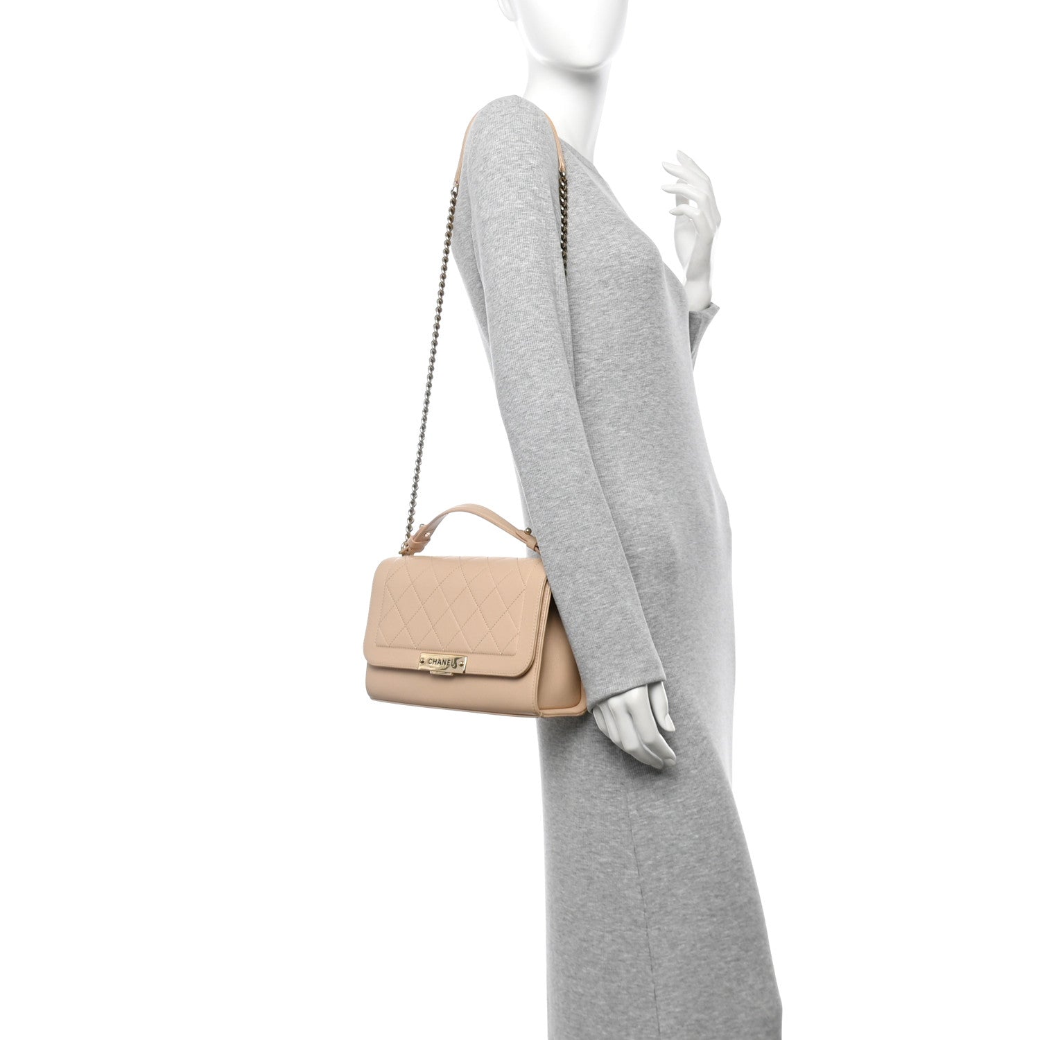 Chanel Grained Calfskin Quilted Medium Label Click Flap Bag Beige 2 of 15