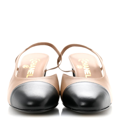 Chanel Lambskin Cap Toe CC Slingback Pumps 36.5 Dark Beige Black 3 of 10
