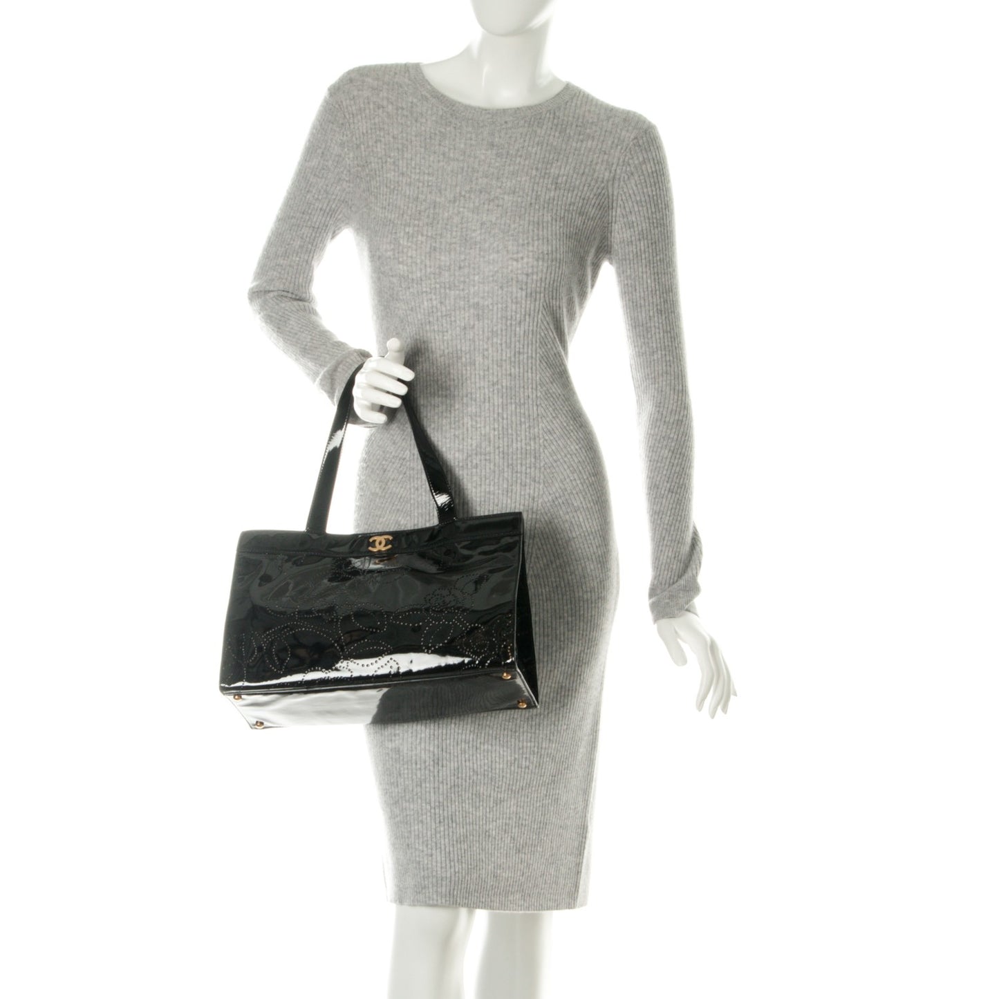 Patent Perforated Camellia Tote Black
