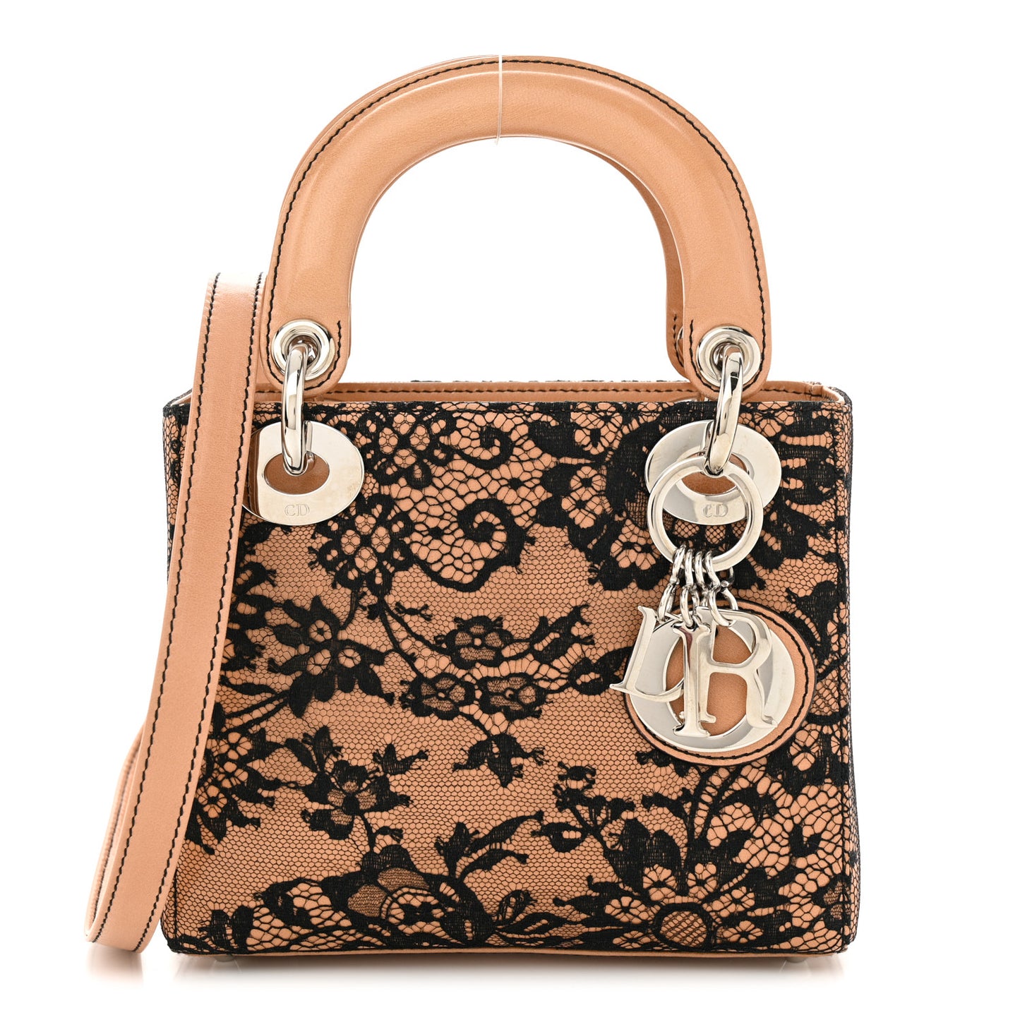 CHRISTIAN DIOR Lace Lambskin Mini Lady Dior Beige Black