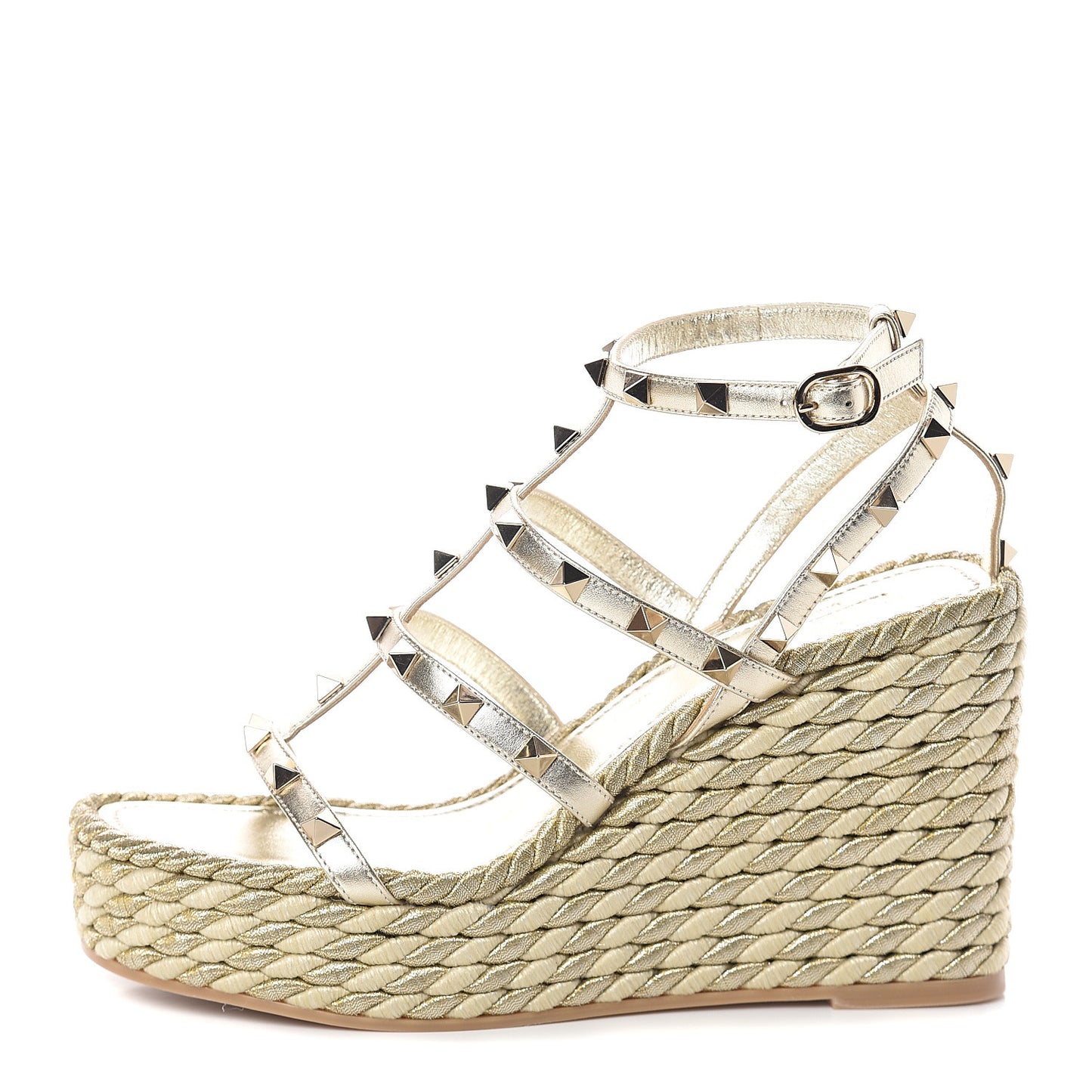 Metallic Nappa Rockstud Ankle Strap Torchon Espadrille Caged 25/95mm Wedge Sandals 37 Platino