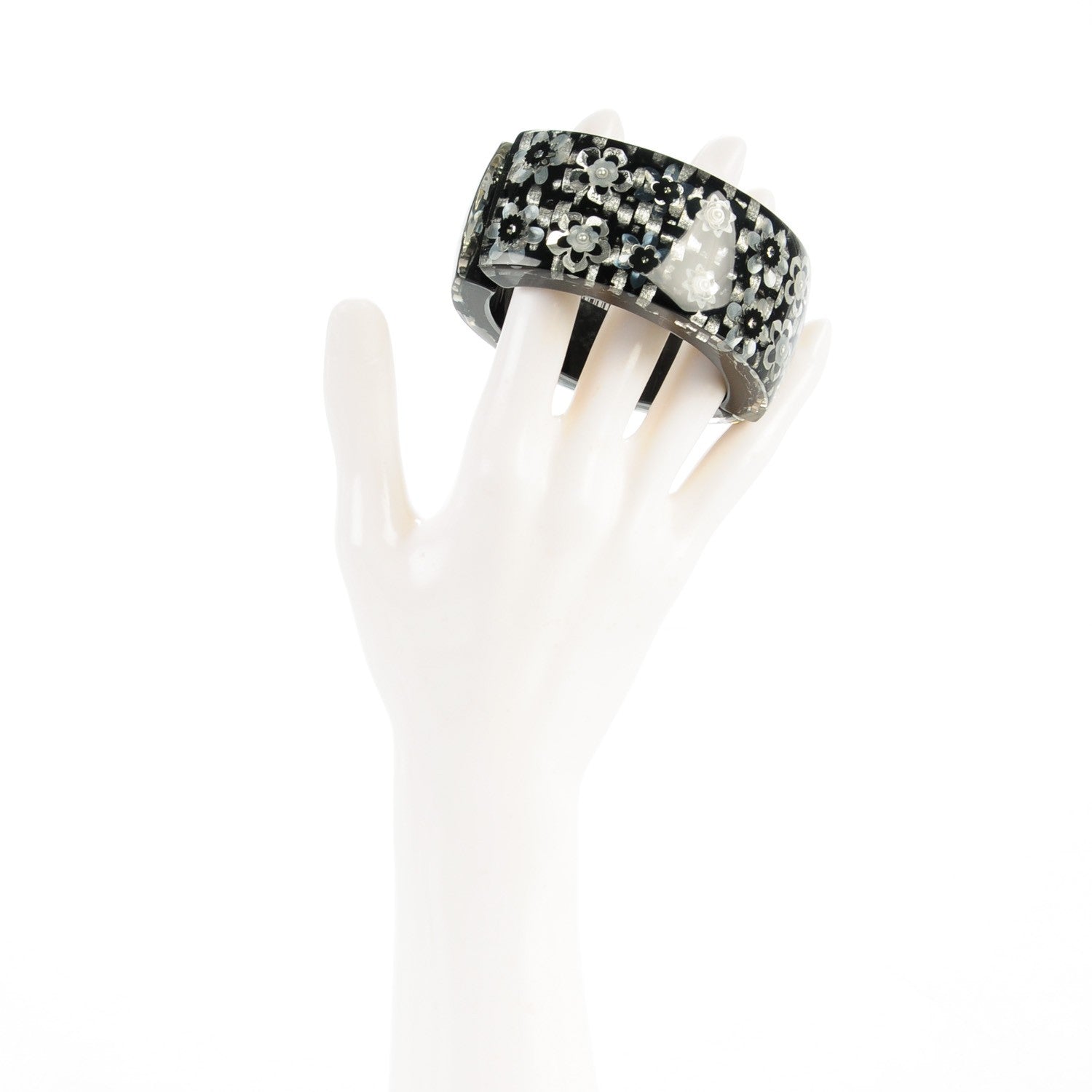 Chanel Resin Crystal CC Floral Cuff Bangle Black 2 of 5