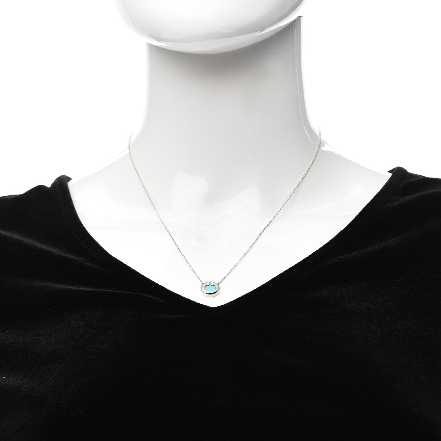 18K White Gold Diamond Turquoise Small T Circle Pendant Necklace