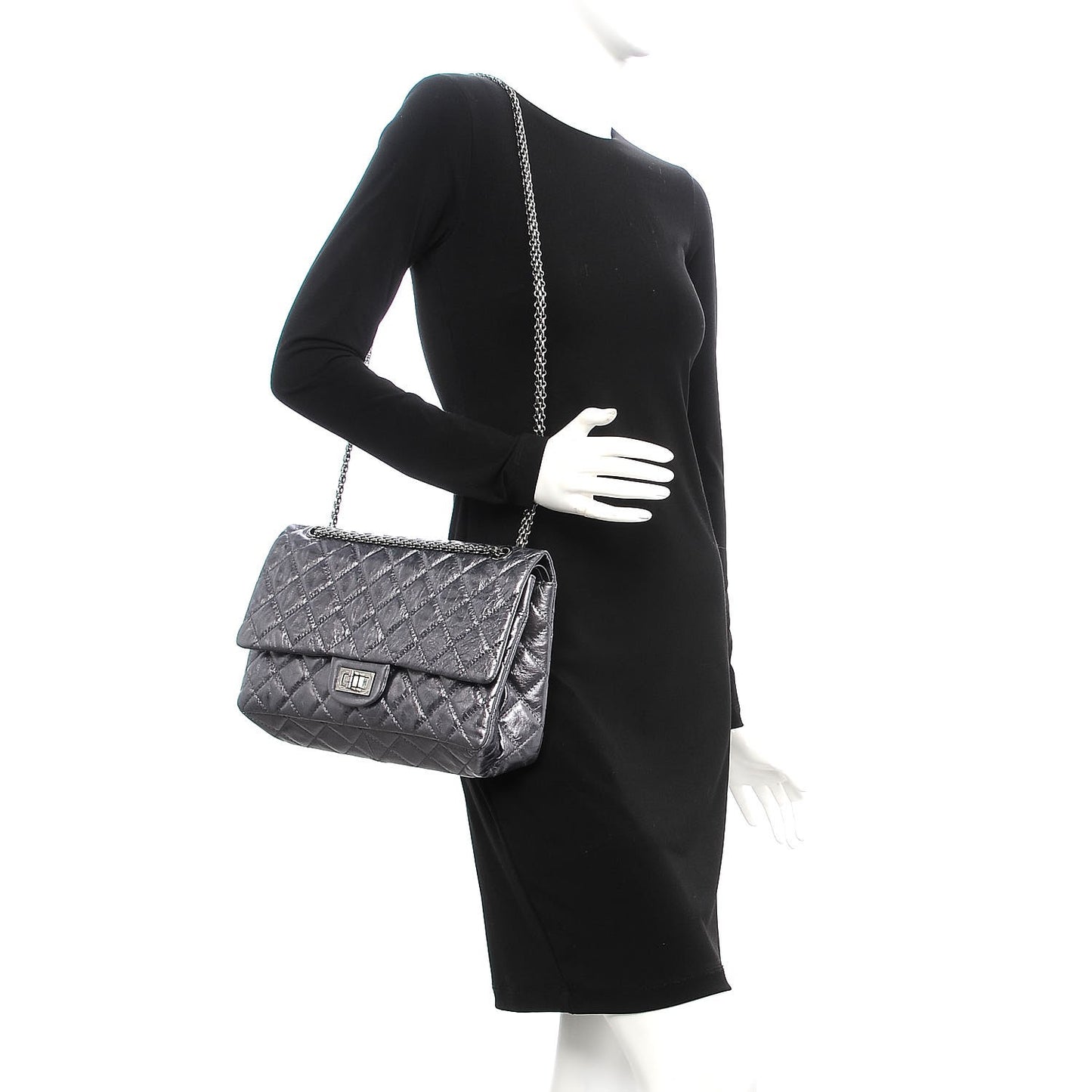 Metallic Aged Calfskin Quilted 2.55 Reissue 227 Flap Dark Silver