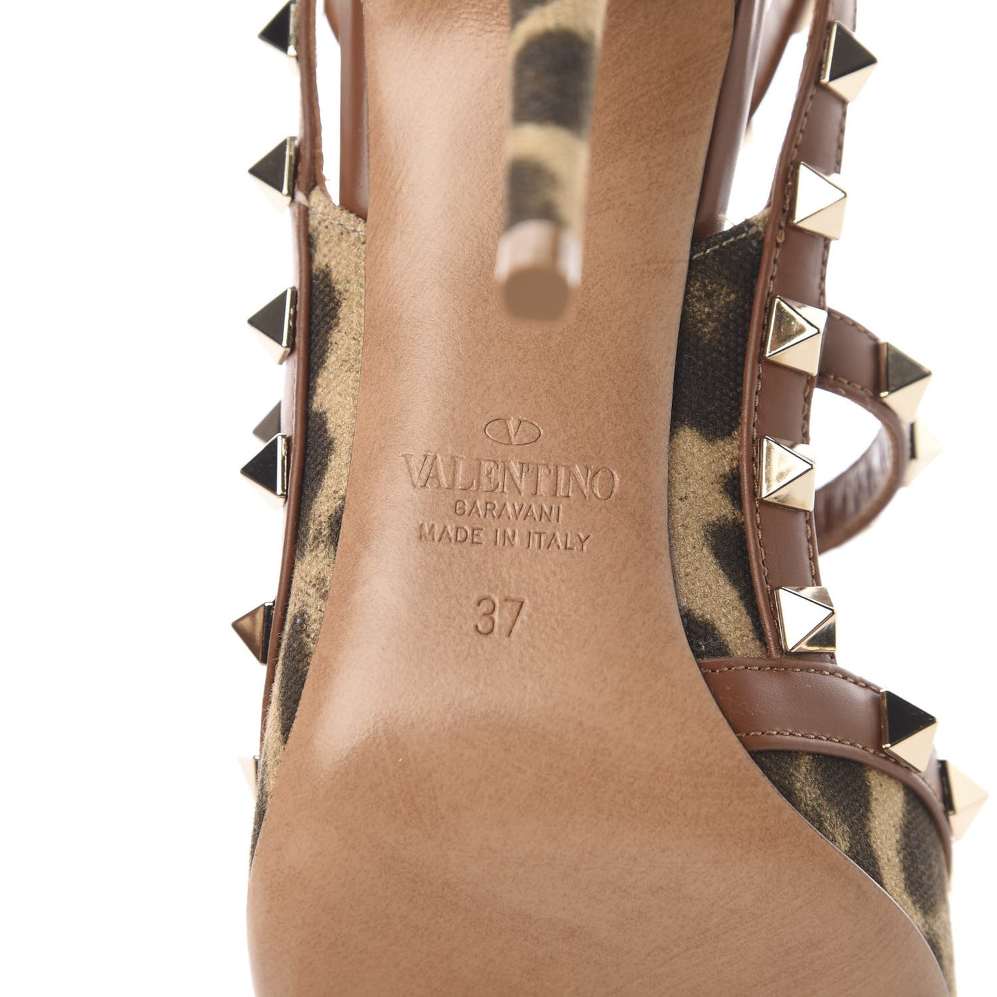 Canvas Leopard Print Rockstud Ankle Strap Pumps 37 Tan