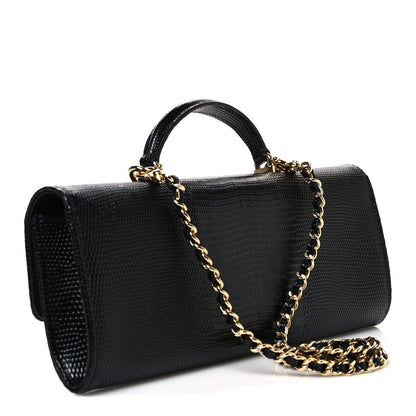 Chanel Calfskin Lizard Embossed Top Handle Long Clutch With Chain Black 3 of 12